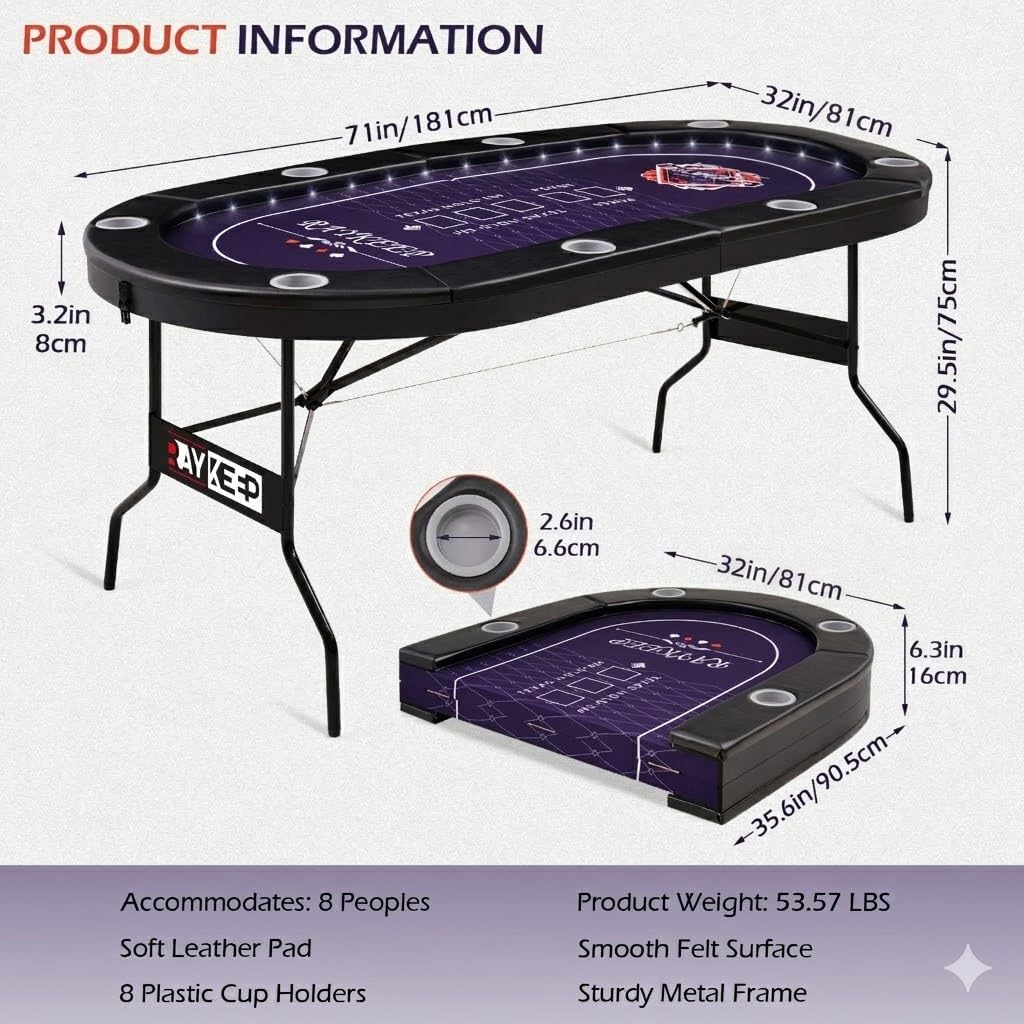 71" LED Poker Table - 8 Player Foldable Texas Hold'em Table with Built-in LED Lights, Padded Rails & 8 Cup Holders
