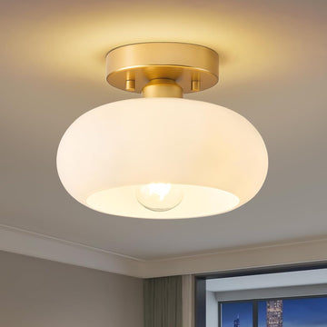 Mid-Century Modern Gold Semi Flush Ceiling Light 8.66 Inch | Mini White Glass Shade Close to Ceiling Lighting Fixture
