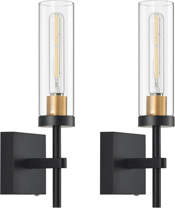 Wireless Wall Sconces with Remote Control, Battery Operated Wall Sconce Set of 2, Black & Gold Rechargeable Dimmable