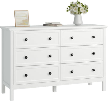 White Dresser , 6 Drawer Dresser with Wide Drawer and Metal Handles, Wood Dressers & Chests of Drawers .