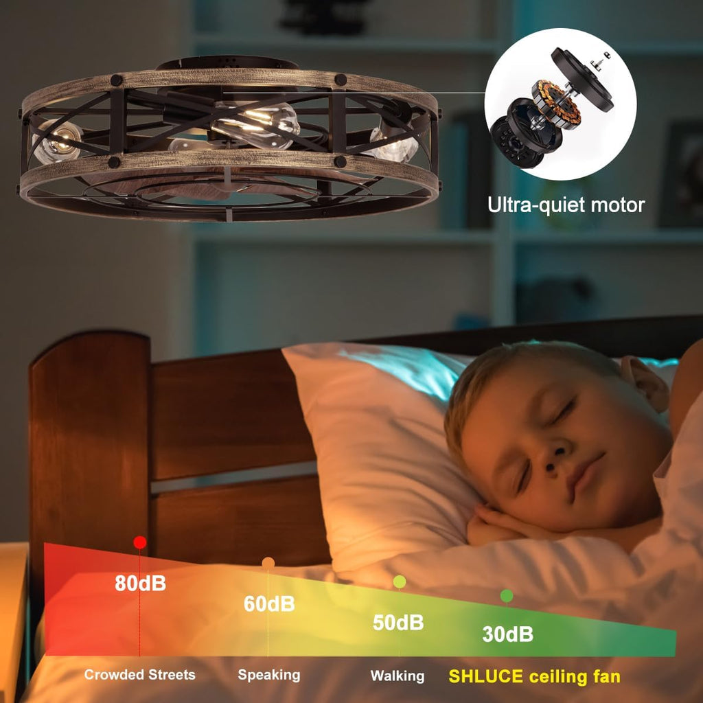 22" Farmhouse Ceiling Fan with Light, Rustic Caged Bladeless Low Profile Ceiling Fans with Lights and Remote