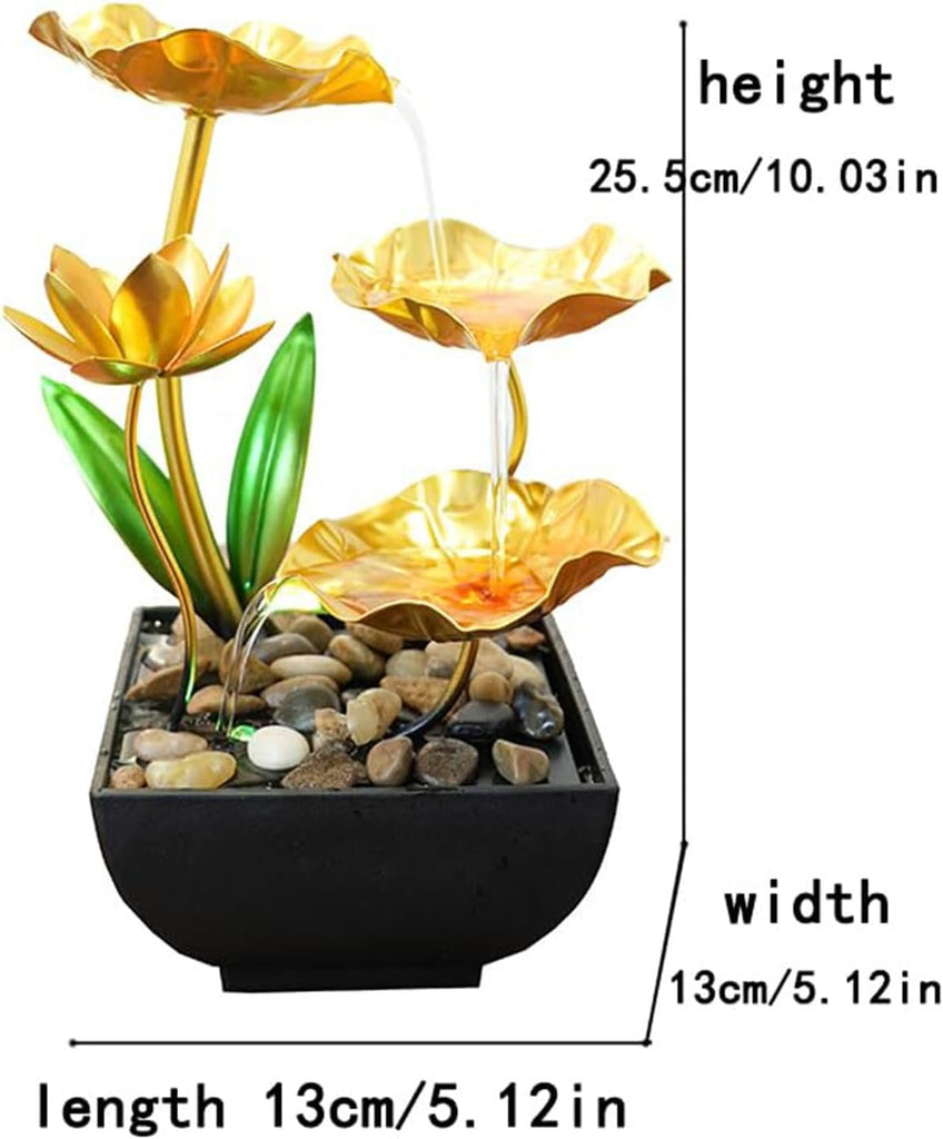 11‘’ H Gold Tabletop Water Fountain, Zen Desktop Waterfall, Indoor Lotus Desktop Decorative Fountain, Home Bathroom