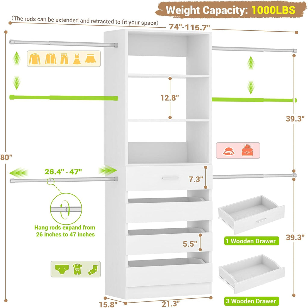 Closet System, 4-9Ft Closet Organizer with 4 Wooden Drawers, Wood Closet Organizer System with Tower, Walk-in Closet