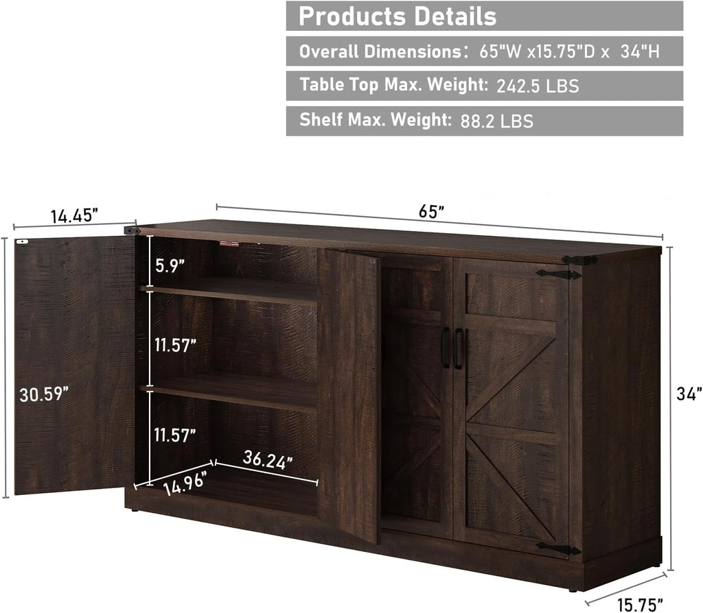 Sideboard Buffet Cabinet with Storage - 65 Inch Farmhouse Kitchen Pantries Sideboard Cabinets with Adjustable Shelves