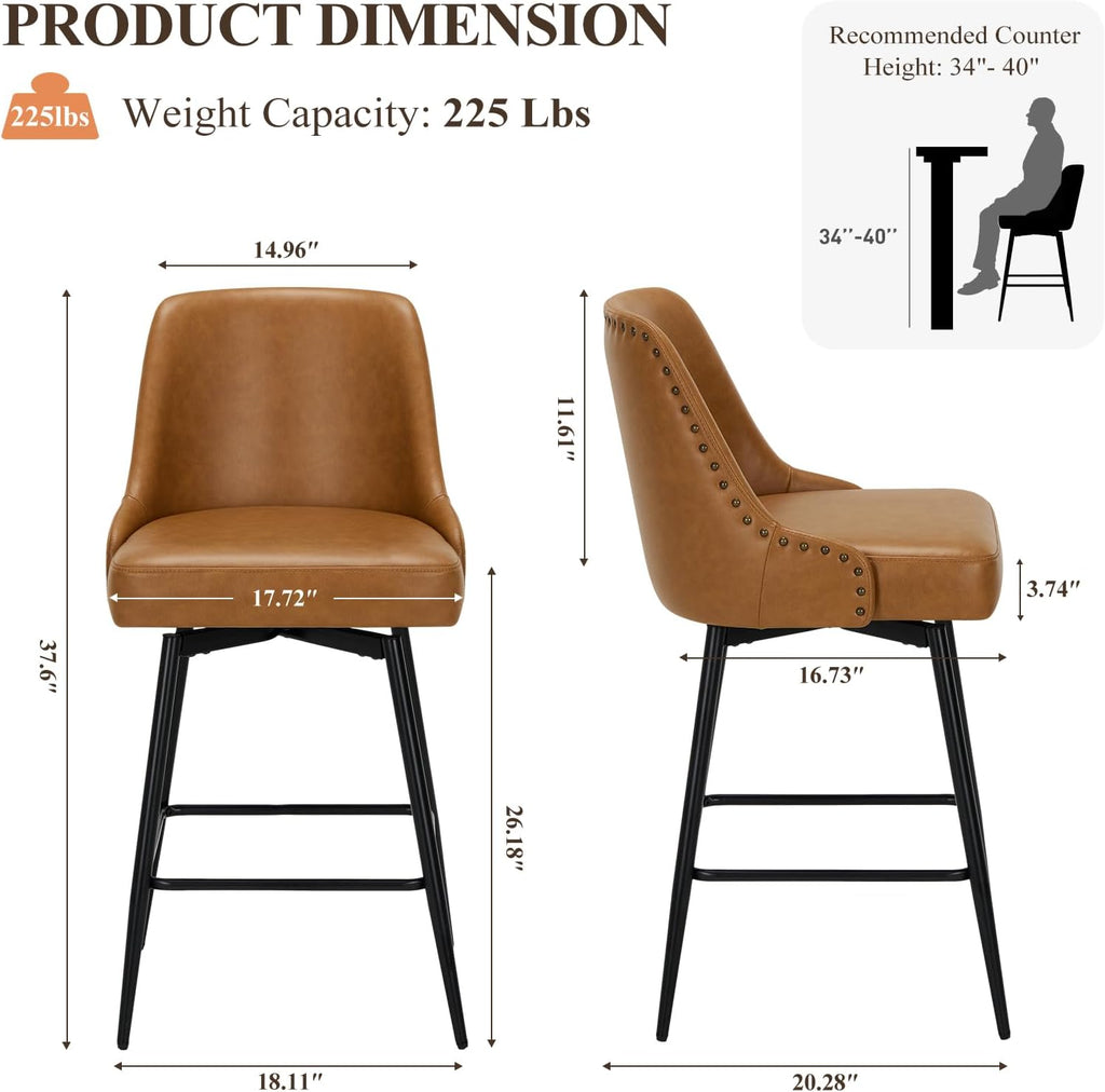 Bar Stools Set of 4, 26" Swivel Counter Height Chairs with Back,Thick Padded Seat & Footrest,Modern Faux Leather