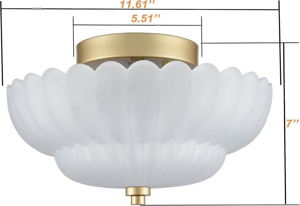 Gold Flush Mount Ceiling Light with Scalloped Frosted Milk Glass | Modern Brass Semi Flush Mount Ceiling Light