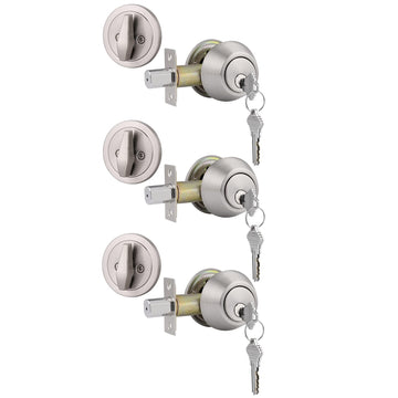 3 Satin Nickel Keyed Alike Keyed Single Deadbolts Door Locks with Same Key, Entry Front Door Round Cylinder Deadbolt