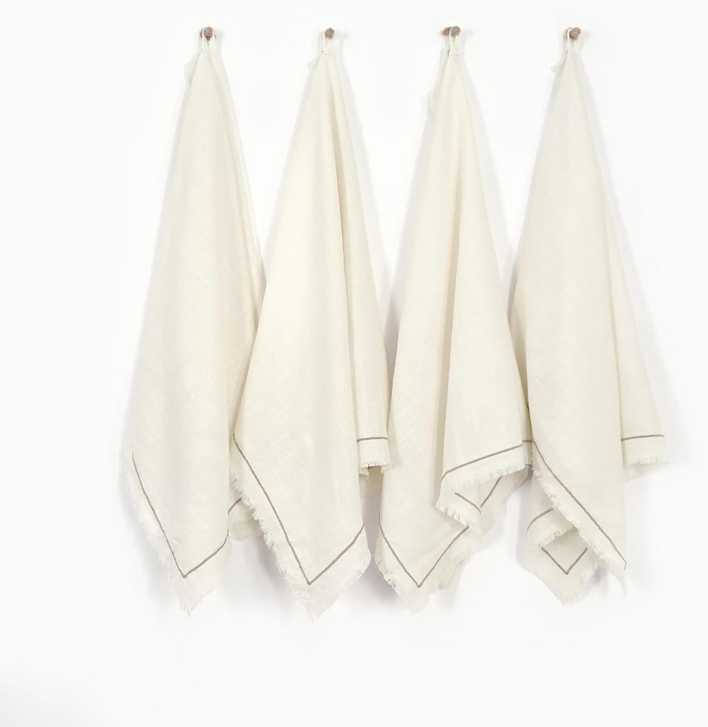 Linen World Dish Towels Set of 4, 20 x 28 Inch Linen Blend Kitchen Towel, Frayed Edge, Embroidered Border, Absorbent