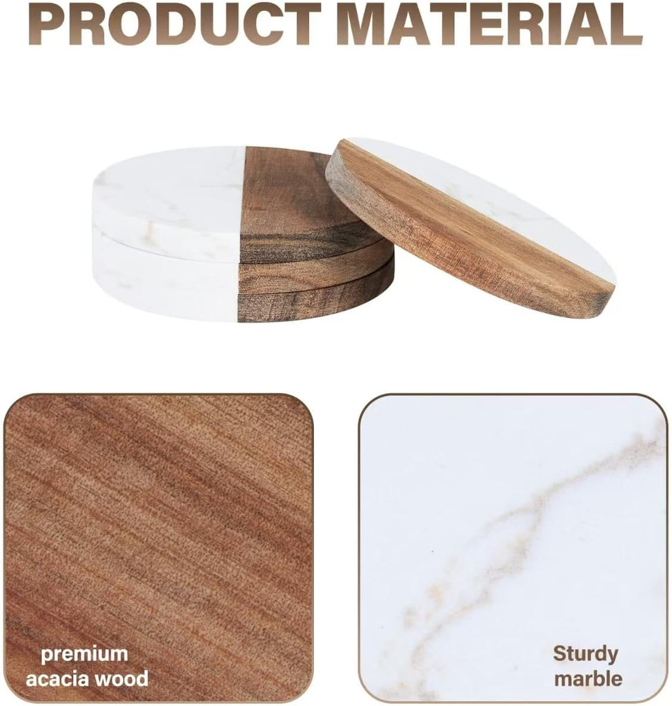 Coasters for Drinks,Marble-Wood Spliced Coaster for Tabletop Protection,Cup Holder Coasters for Multiple Cup - Set of 4