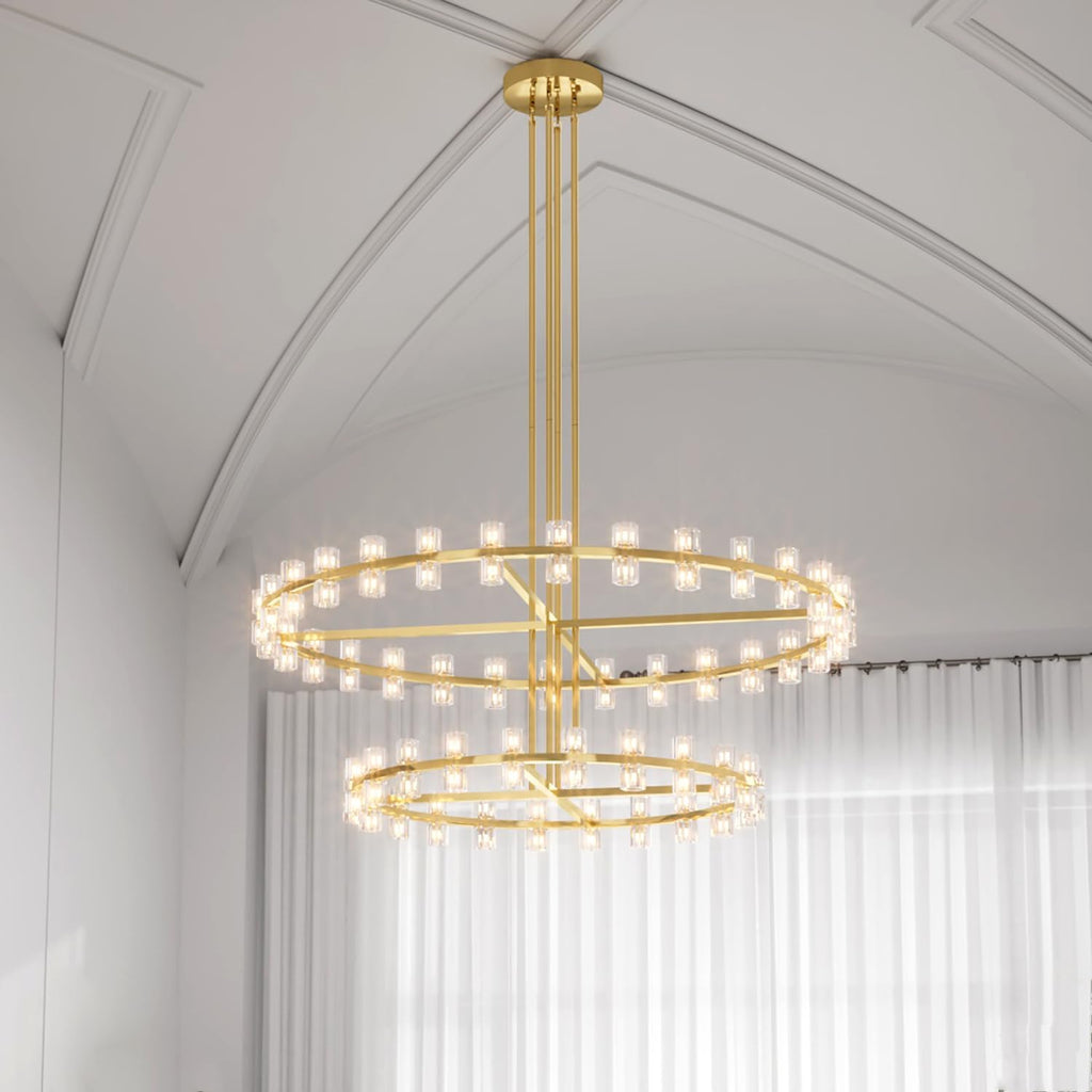 Inspired Arcachon Style 2-Tier Round Wagon Wheel Chandelier, 48" + 59" 108-Light Gold — Foyer, Great Room & Dining