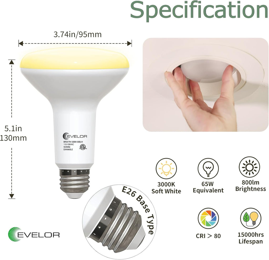 12 Pack BR30 Flood LED Light Bulbs 65W Equivalent, 7W Energy Efficient, Dimmable 800LM Bulbs 2700K Warm White, E26