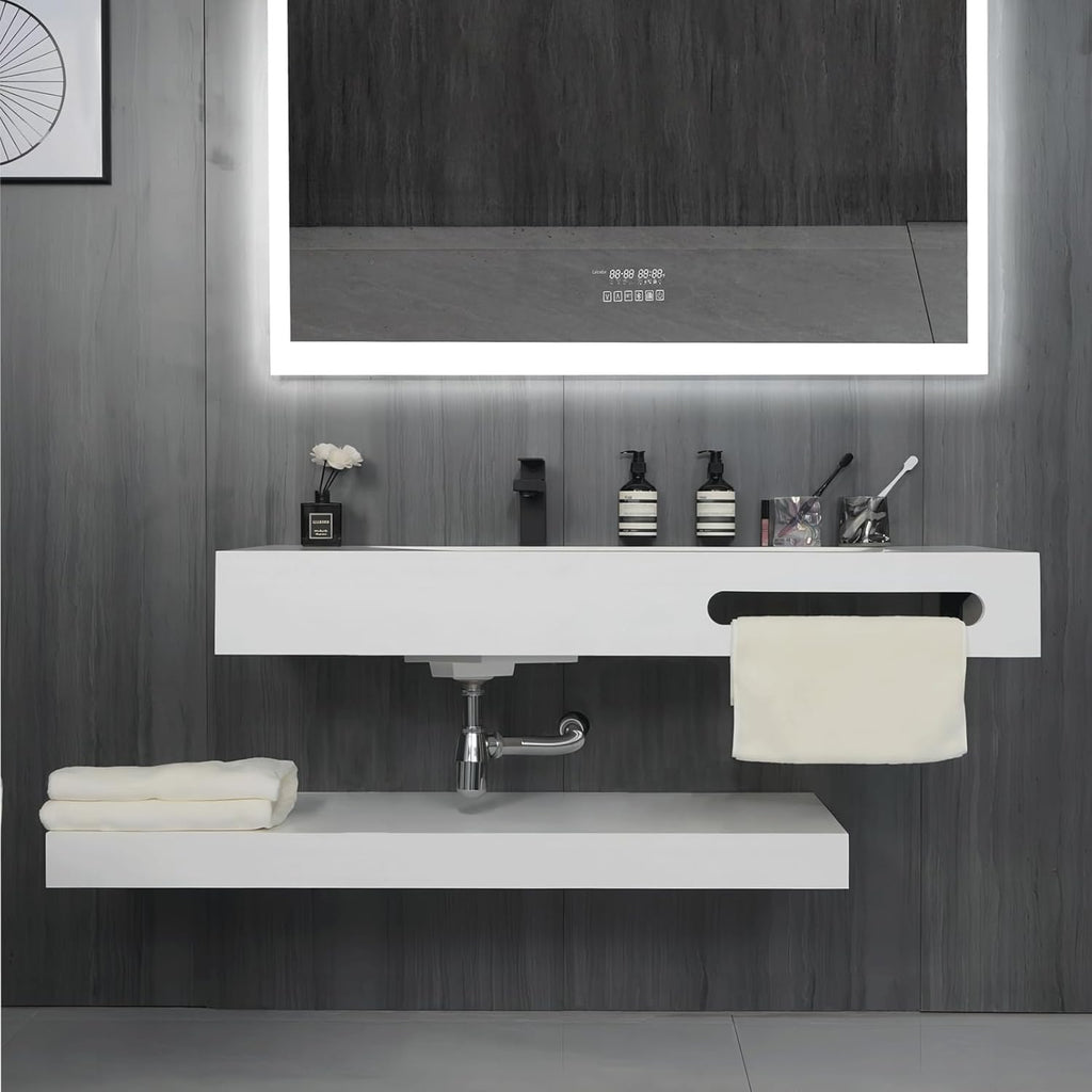 48"x19" Wall-Mount Stone Resin Bathroom Sink Rectangular Vessel Sinks for Bathroom Floating Vanity Sink Trough