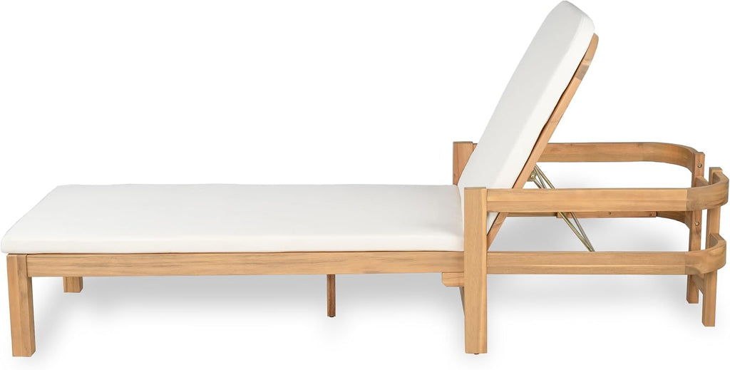Outdoor Acacia Wood Chaise Lounge with Adjustable Backrest & Water-Resistant Cushion, 4-Position Patio Recliner