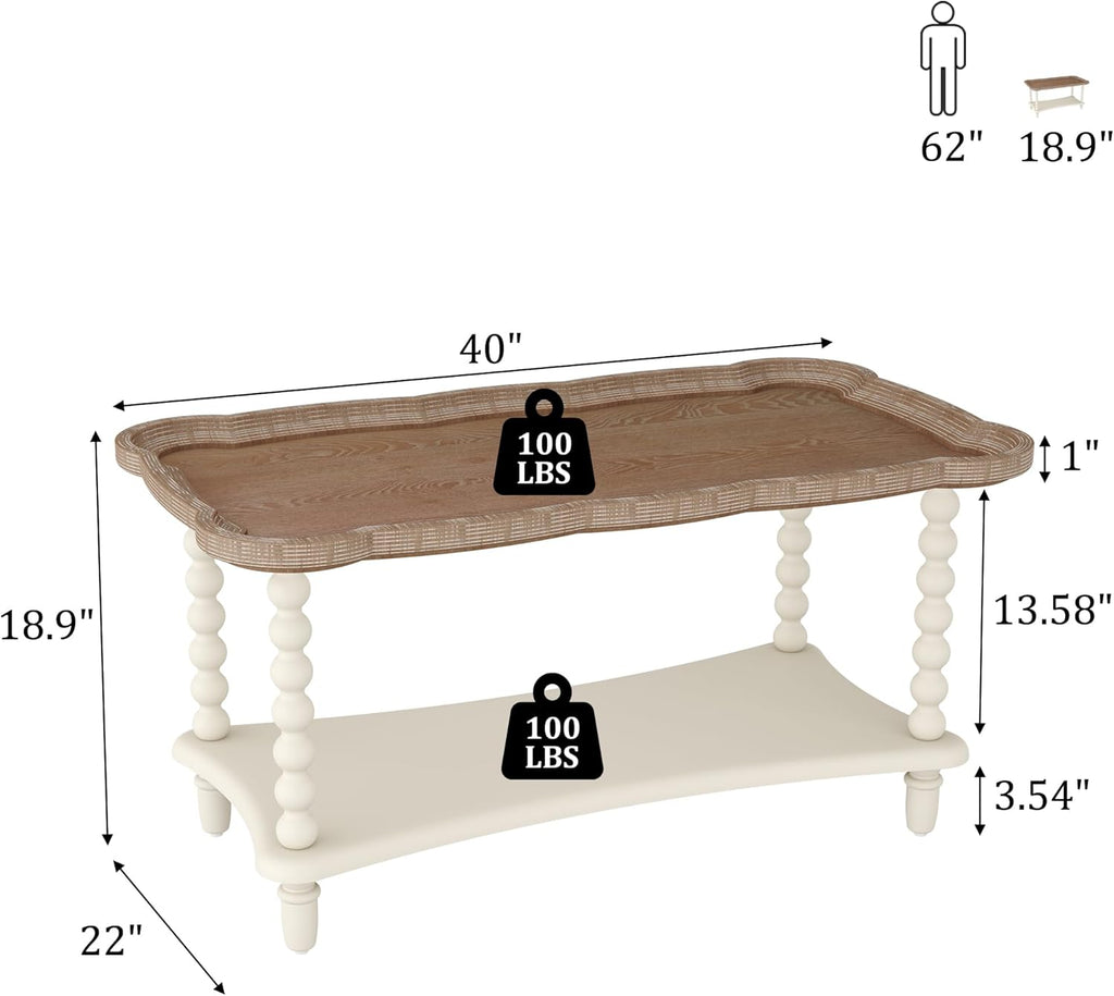 Farmhouse Coffee Table, Rustic White French Country Center Table with Storage Shelf, Wood Coffee Tables Dining Room