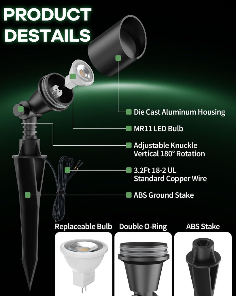 Low Voltage Landscape Spotlights, 3W MR11 LED Bulb 12V 2-Pack | 3W GU4 Bulb 2700K, Black Aluminum Fixture, Adjustable