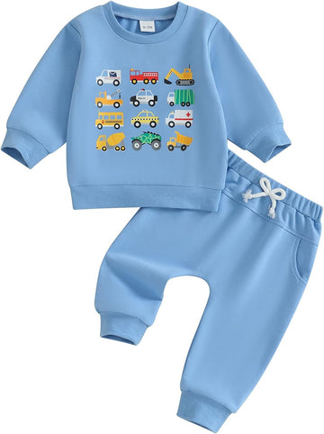 Baby Boy Fall Winter Clothes Toddler Kids Solid Outfits Vehicle Long Sleeve Sweatshirt Tops + Joggers Pants Set