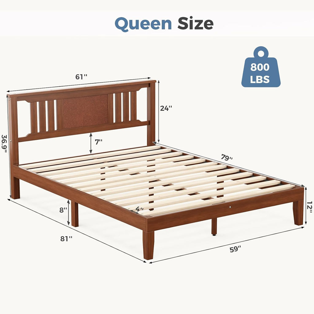 Solid Wood Bed Frame, Queen Platform Bed Frame with Headboard, Sturdy Wood Slat Support, Heavy Duty, No Box Spring