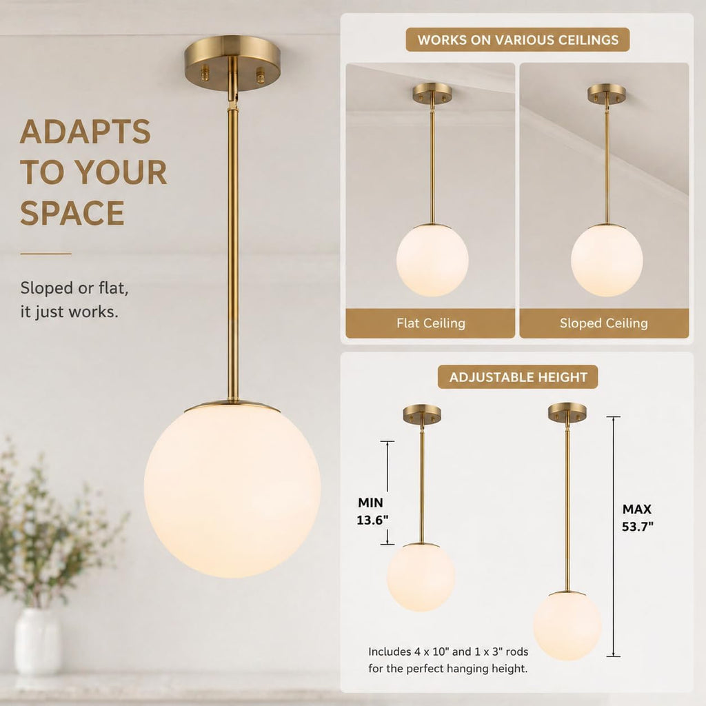 Mid Century Modern Pendant Light - 1-Light Gold Globe with White Glass Shade, Brushed Brass Finish, Adjustable Height