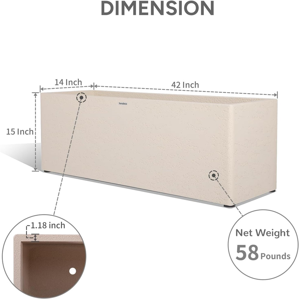 42 Inch Rectangular Concrete Planter(42Lx14Wx15H,58 Pounds),Durable All-Weather Use with Drainage Holes,Large