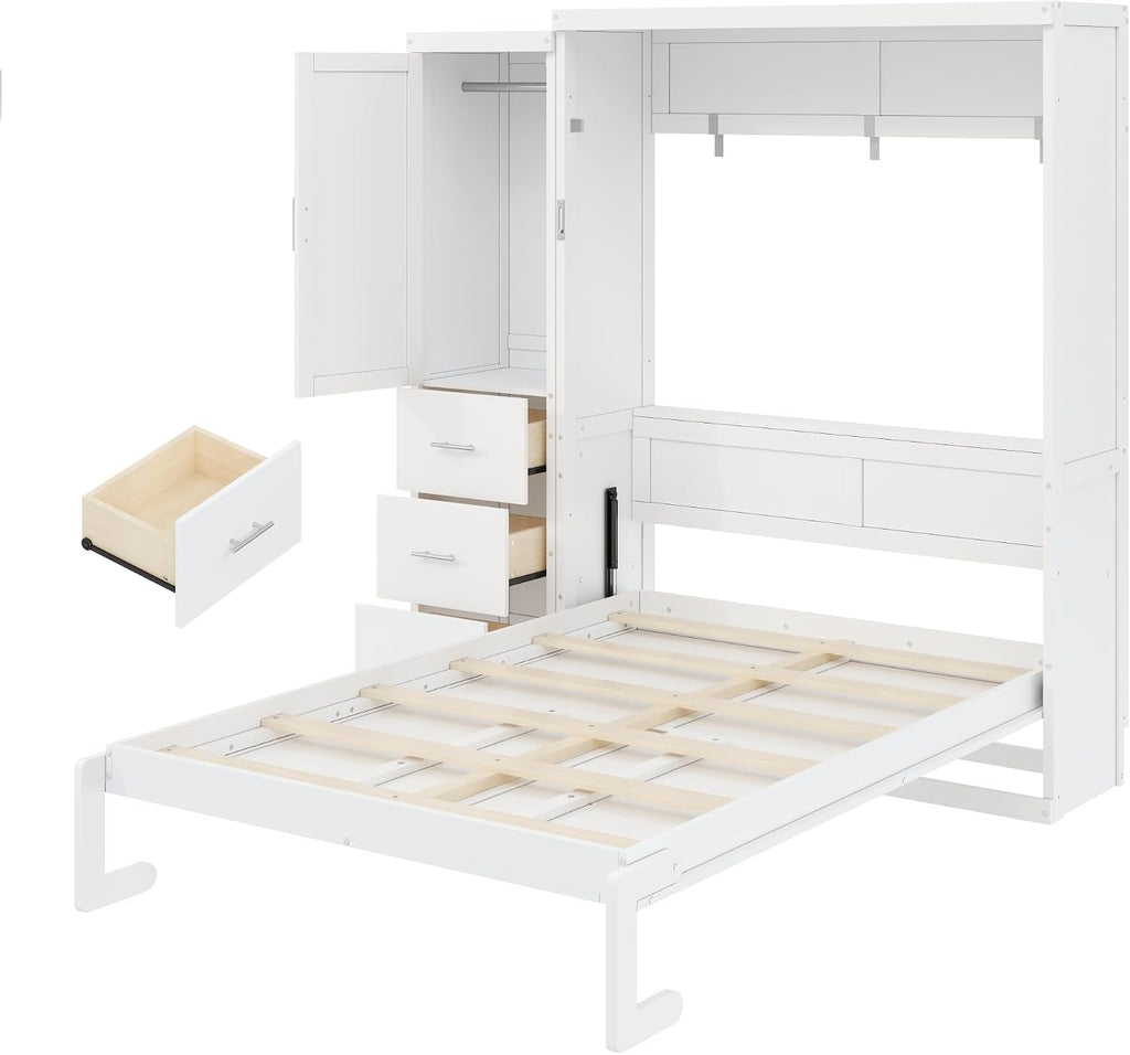 Full Murphy Bed with Wardrobe and Drawers, Space-Saving Wall Bed Frame with Storage Cabinet, Foldable Platform Bed