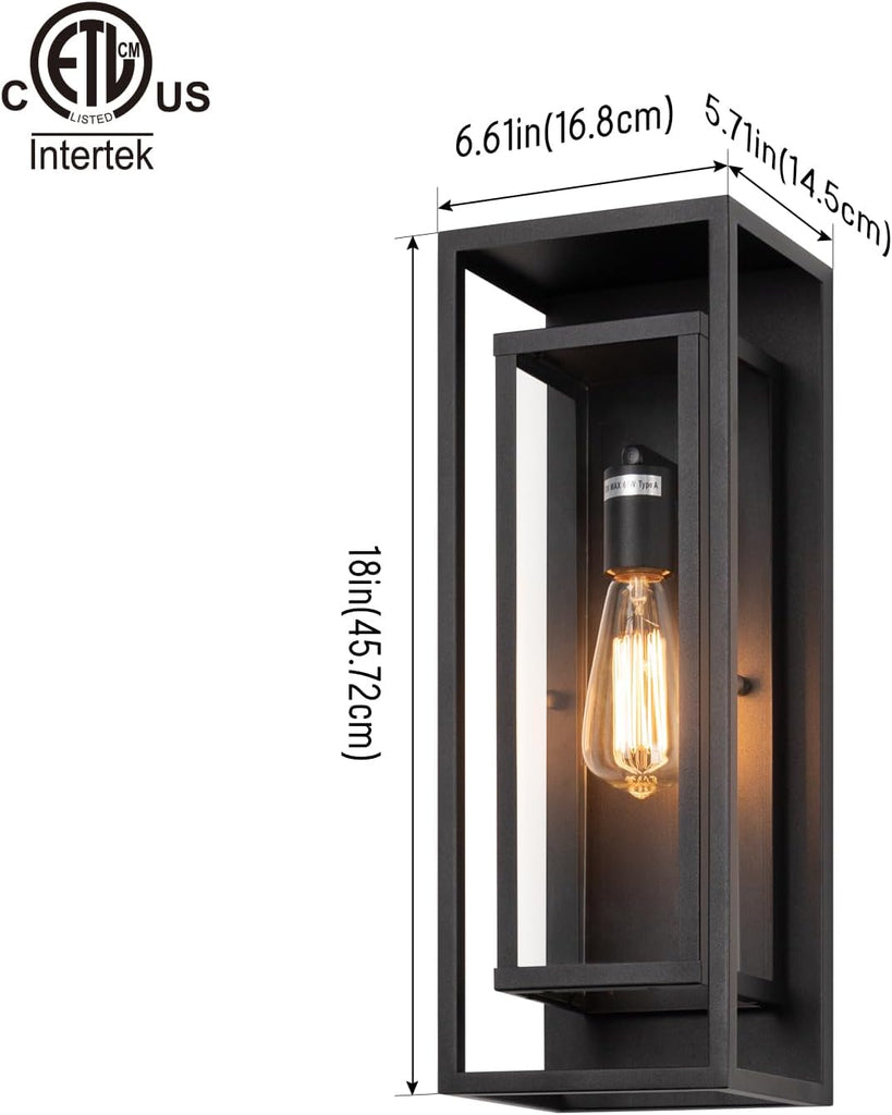 18" Classic Outdoor Wall Sconce 1 Light in Matte Black Rectangular Metal Frame and Clear Glass Shade Waterproof Porch