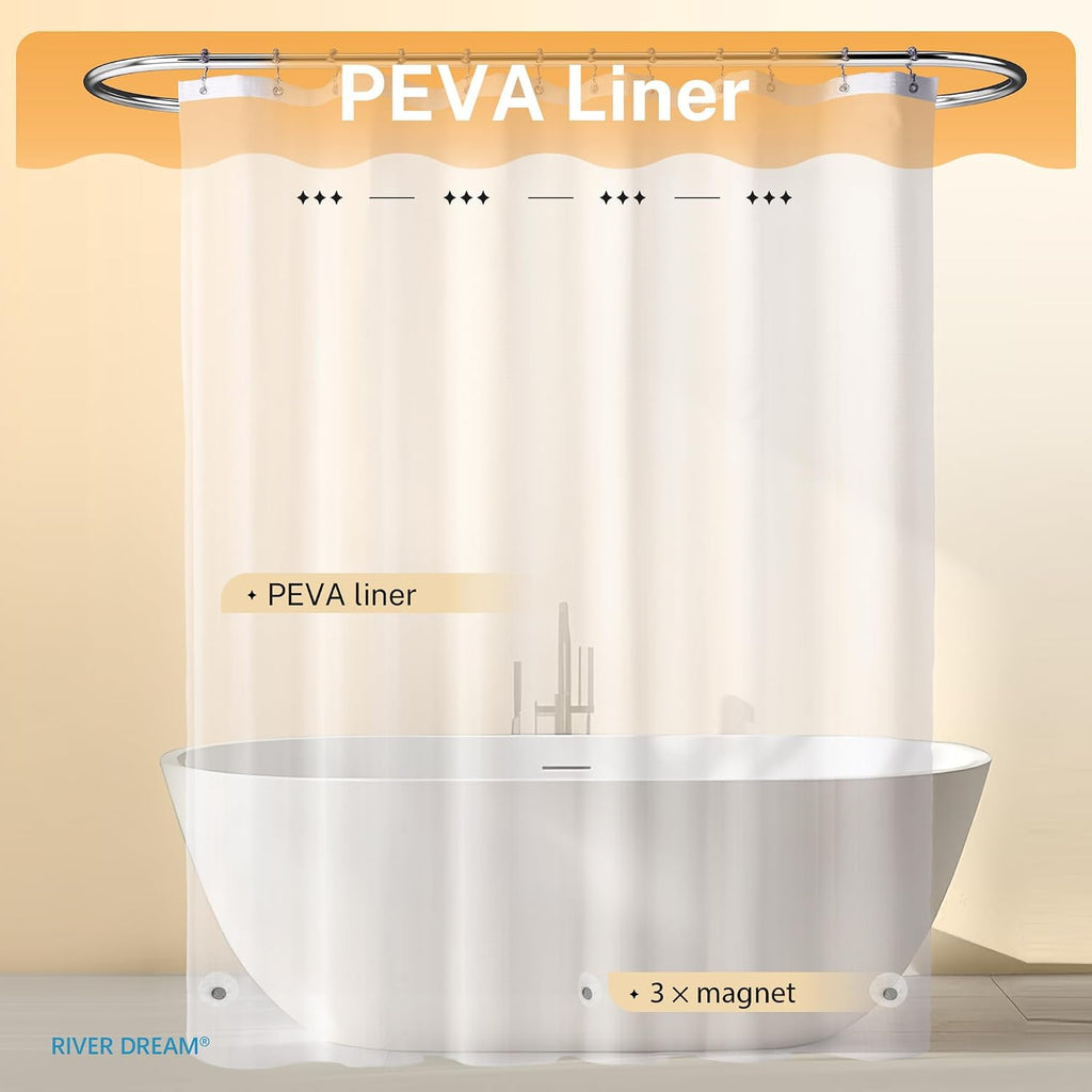 Waffle 3 in 1 Shower Curtain Set, White Fabric Shower Curtain and Clear Liner Set with Double Sided Hooks