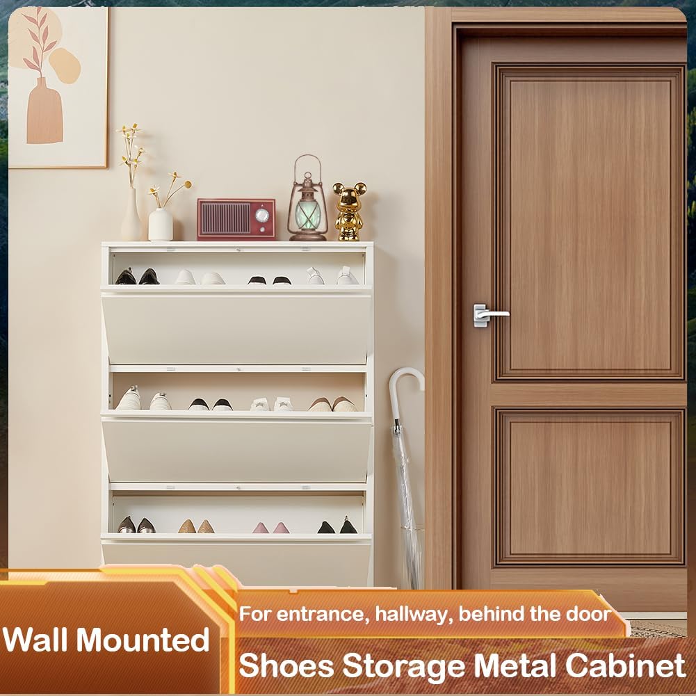 Shoe Storage Cabinet with 3 Flip Drawers, Hidden Slim Narrow Shoe Rack Cabinet, Wall Mount Metal Shoe Cabinet , White