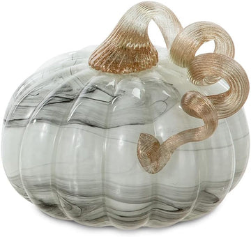 Hand Blown Glass Pumpkin Table Accent for Fall Harvest Decorating for Mother Gray Marble 4.13" H