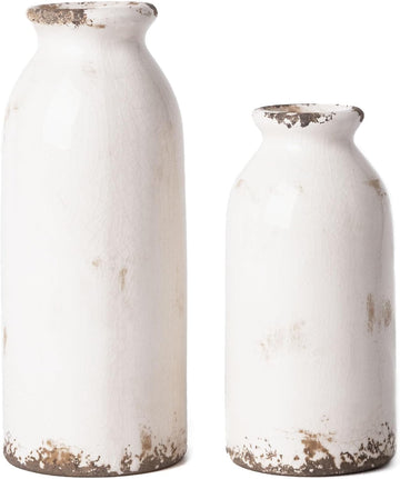 White Ceramic Vases Home Decor, Farmhouse Vase for Flowers, Flower Vase Set of 2, Rustic Decorative Vases for Pampas