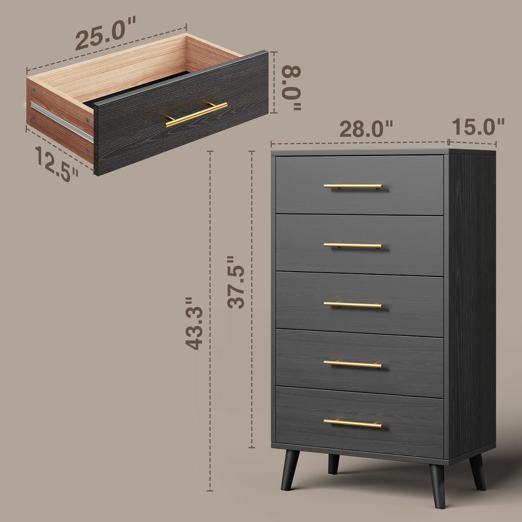 5 Drawer Dresser, Tall Chest of Draawers, Black | Wood Dresser with Metal Handles for Organized Storage Dresser s
