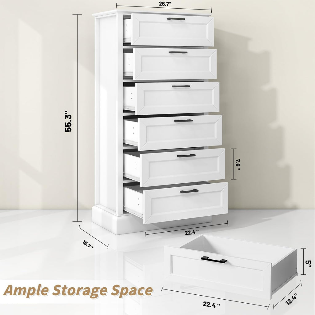 Tall White 6 Drawer Dresser, Wood Vertical Chest of Drawers , 55" H Modern Lingerie Dressers for Closet, Living Room