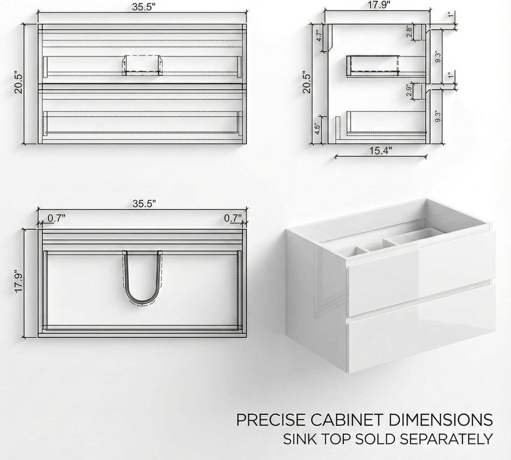 36 Inch Bathroom Vanity with Sink, Overflow, Large Storage, Wall Mounted, Floating, Modern, One-Piece Sink Basin