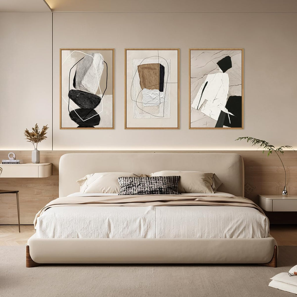 Large Abstract Wall Art Canvas,Black Beige Artwork,Neutral Modern Framed Wall Art, Minimalist Geometric