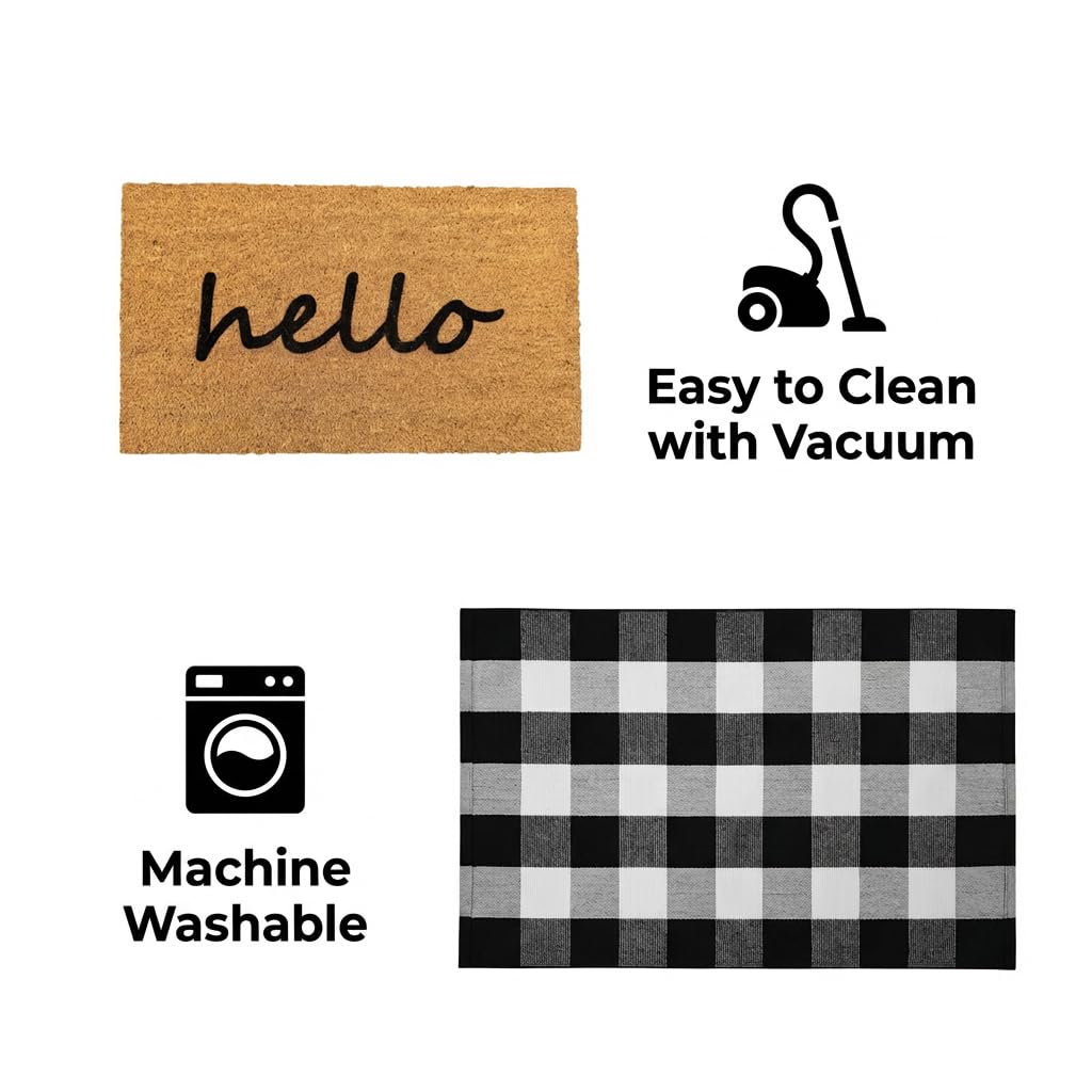 2-Piece Layered Front Doormat Set, Fall Decor Hello Natural Coco Coir Door Mat + 28"x43" Black and White Buffalo