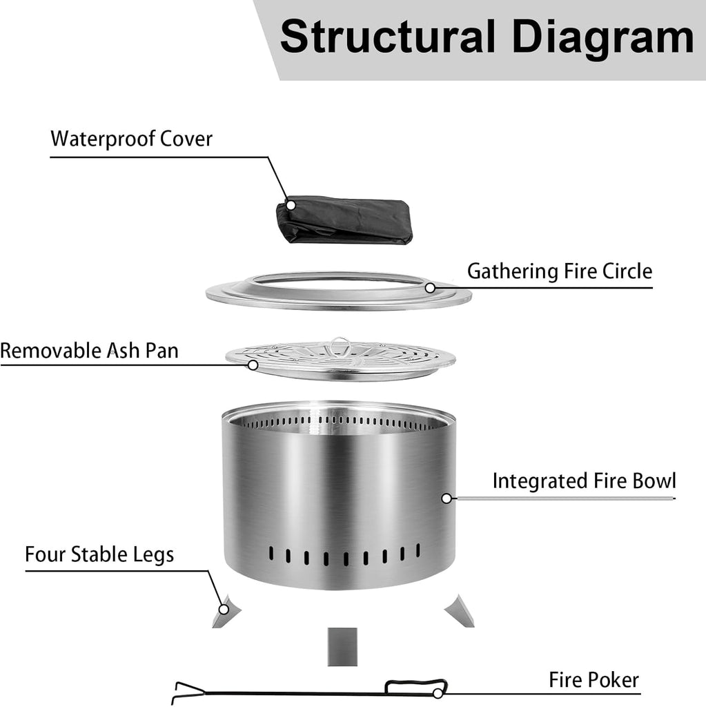 Smokeless Fire Pit,22 Inch Stainless Steel Firepit