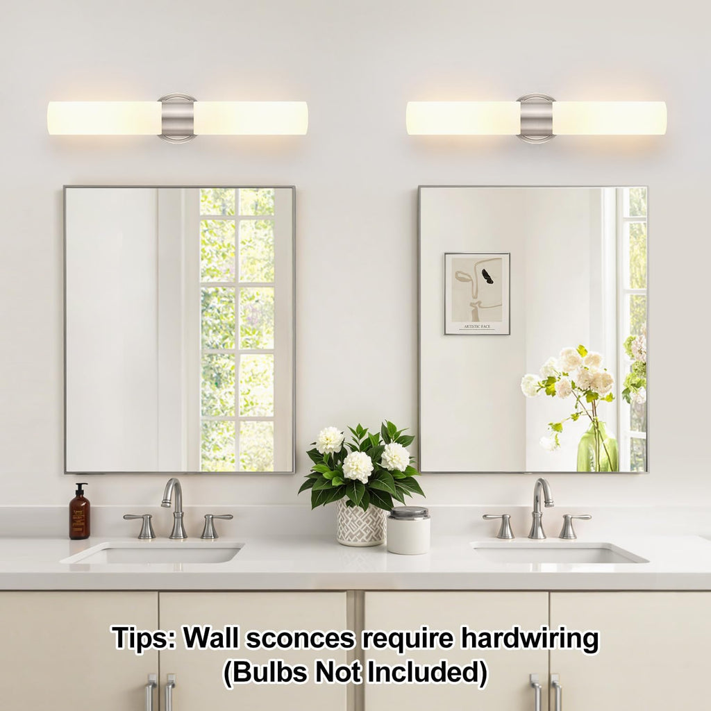 Wall Sconces Set of Two, Modern Bathroom Sconces Wall Lighting with Milky White Glass, Brushed Nickel Sconces Wall