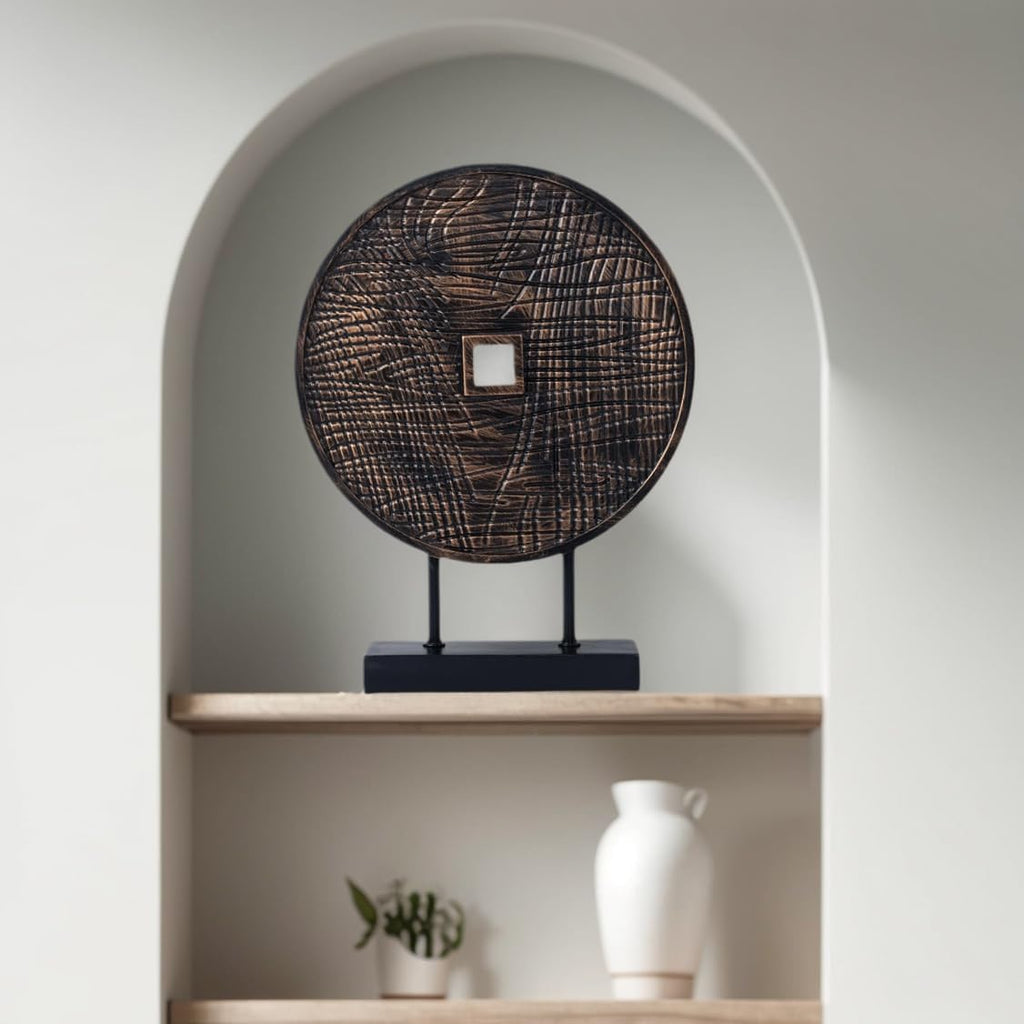 Unique Round Coin Sculpture Decorative Objects for Shelf Home Decor Accents, Modern Abstract Tabletop Decor Items