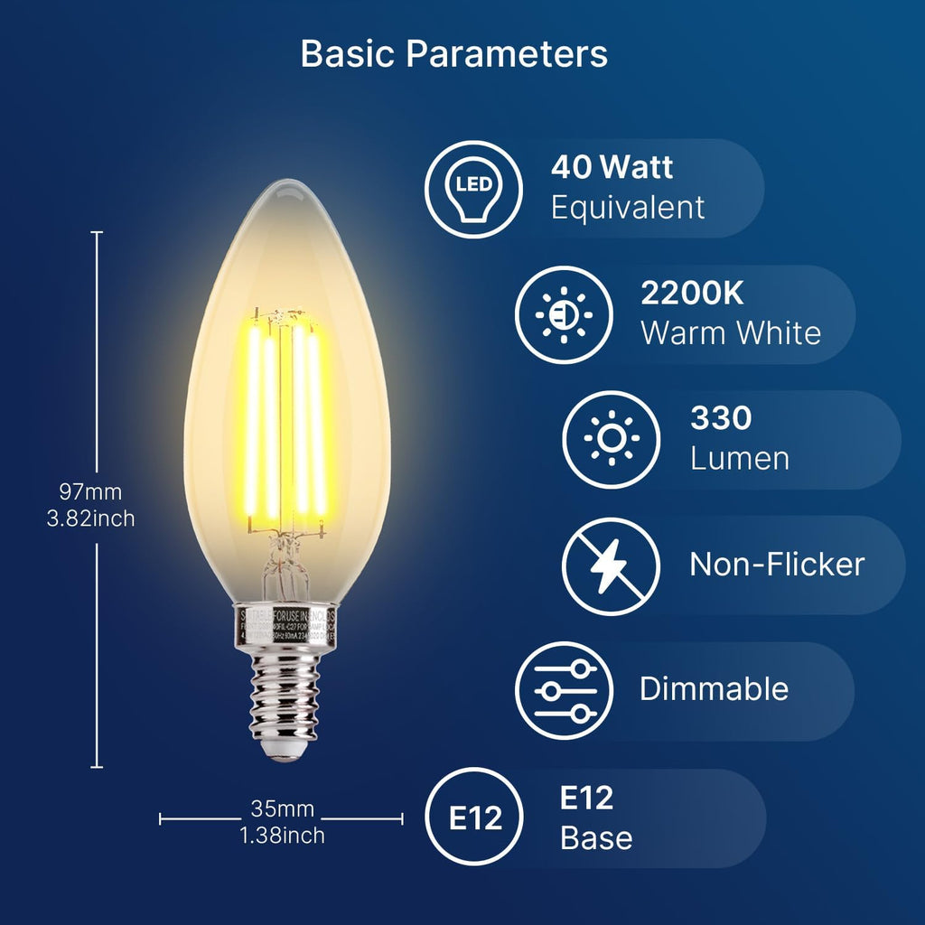 40W Equivalent LED Chandelier Light Bulbs, Dimmable Amber LED B11 E12 Candelabra Base Bulbs, 2200K Warm White, 330LM