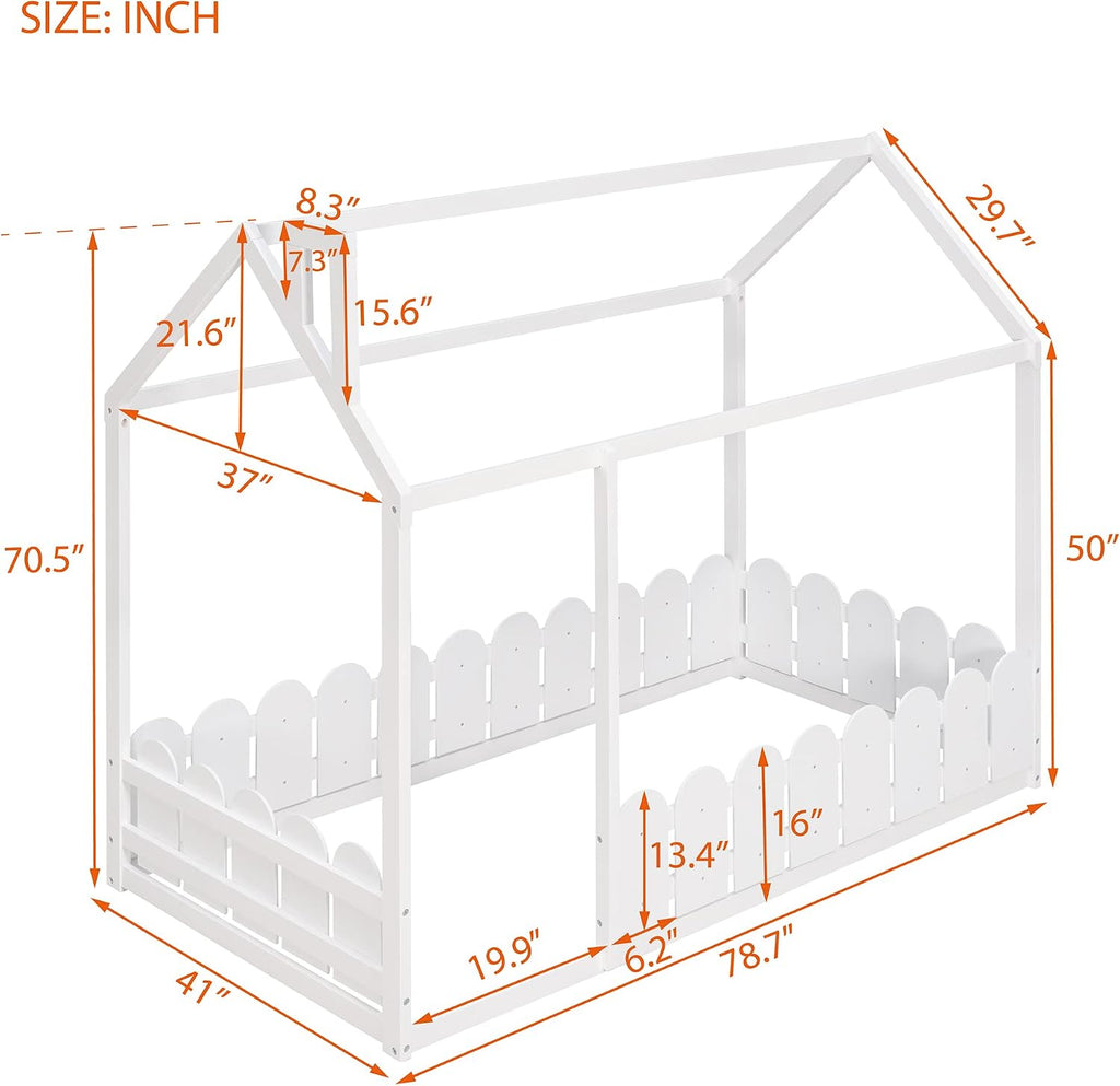 Tw Floor Bed with Rail for Kids, Wood Montessori Floor beds with roof for Kids, no slats White