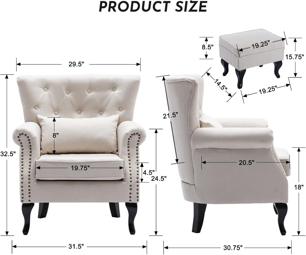 Accent Reading Arm Chairs with Ottoman Bedroom, Midcentury Modern Comfy Corner Sofa Chair, Wingback Waiting Room Club