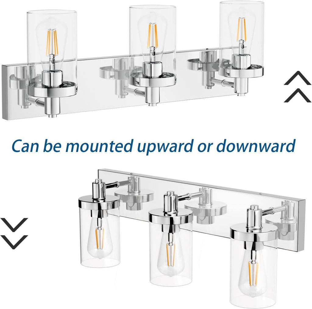 Chrome Vanity Light 3 Light Farmhouse Bathroom Lights Fixtures Over Mirror with Clear Glass Shade(Exclude Bulb)
