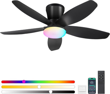 Flush Mount RGB Ceiling Fans with Lights-36 Low Profile Ceiling Fan with Light and Remote/APP Control,DC Reversible,LED Dimmable Black Ceiling Fans for Bedroom,Indoor/Outdoor Patio Use