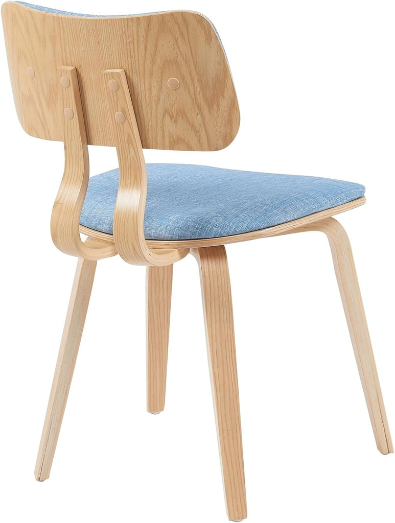 Mid-Century Dining Chair with Light Blue Fabric Upholstered Seat and Patterned Oak Wood Finish