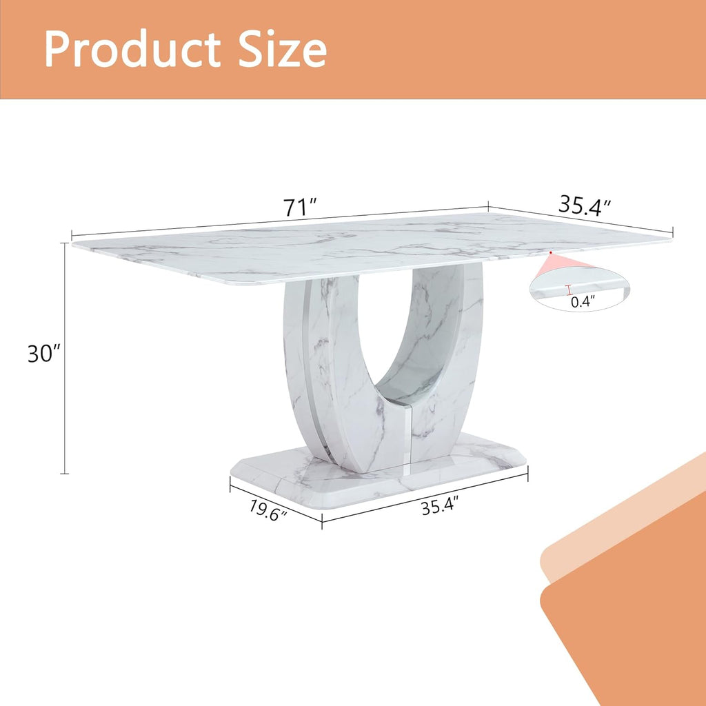 71” Modern Faux Marble Dining Table for 6 - 8, White Rectangle Kitchen Table with Sturdy Pedestal Base, Scratch