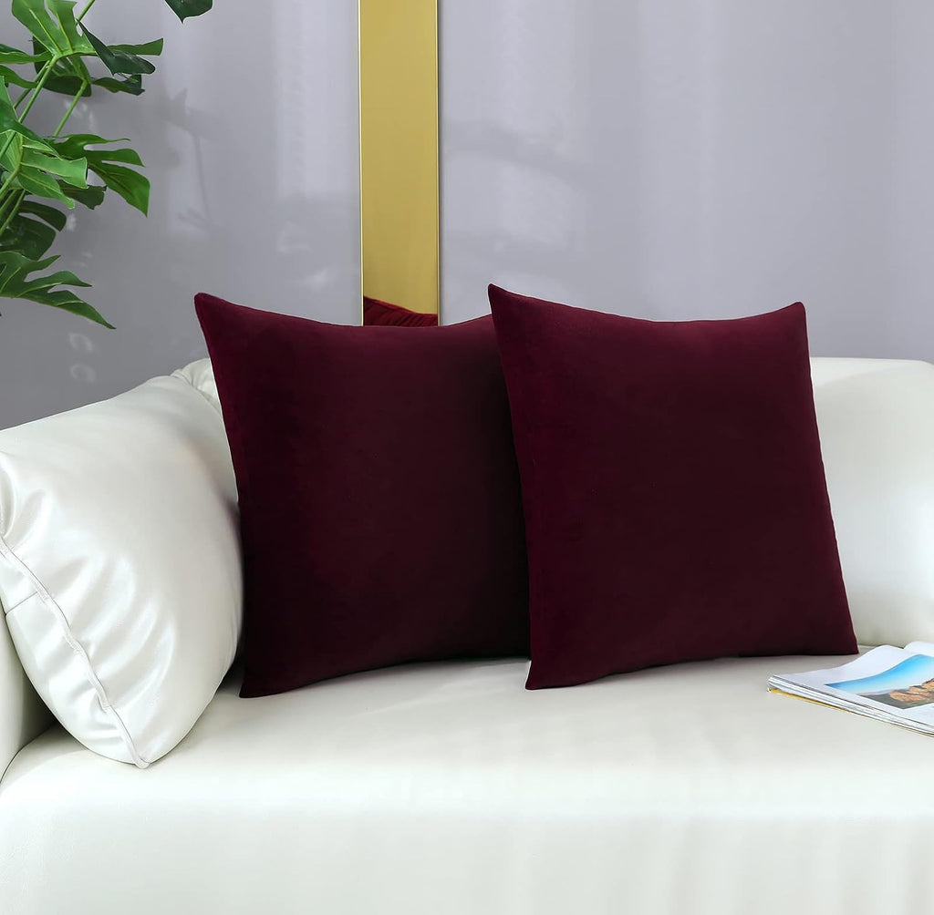 Comfy Burgundy Red Throw Pillow Covers Decorative Square Solid Thick Velvet Super Soft Cushion Cases Home Decor, Set