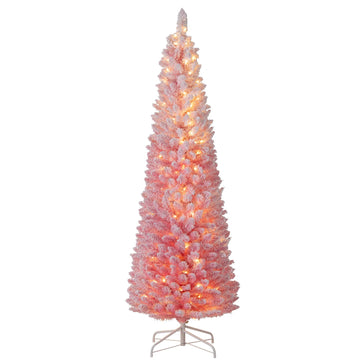 6ft Pink Flocked Christmas Tree, Pre-lit Slim Pencil Xmas Tree