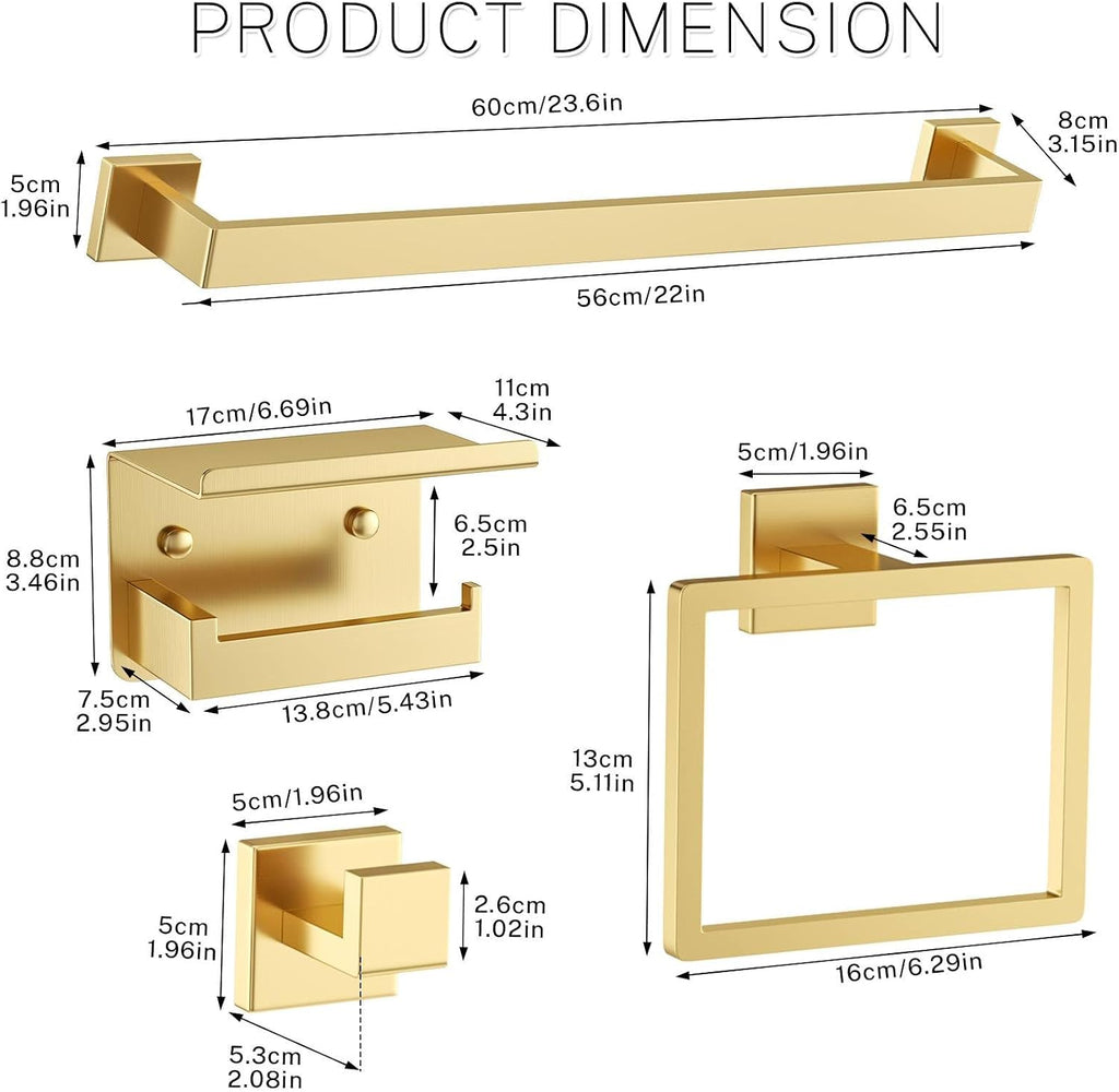 5-Piece Bathroom Hardware Set Brushed Gold Towel Bar Set,Stainless Steel Towel Holder Set ,Wall-Mounted Towel Rack