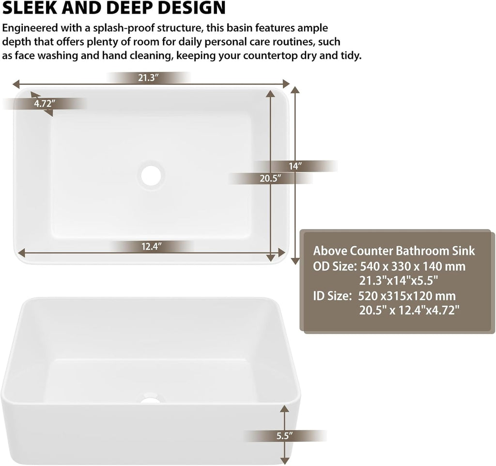 Rectangular Bathroom Vessel Sink 21"x14" Rectangle Above Counter White Porcelain Ceramic Vessel Vanity Sink Art Basin