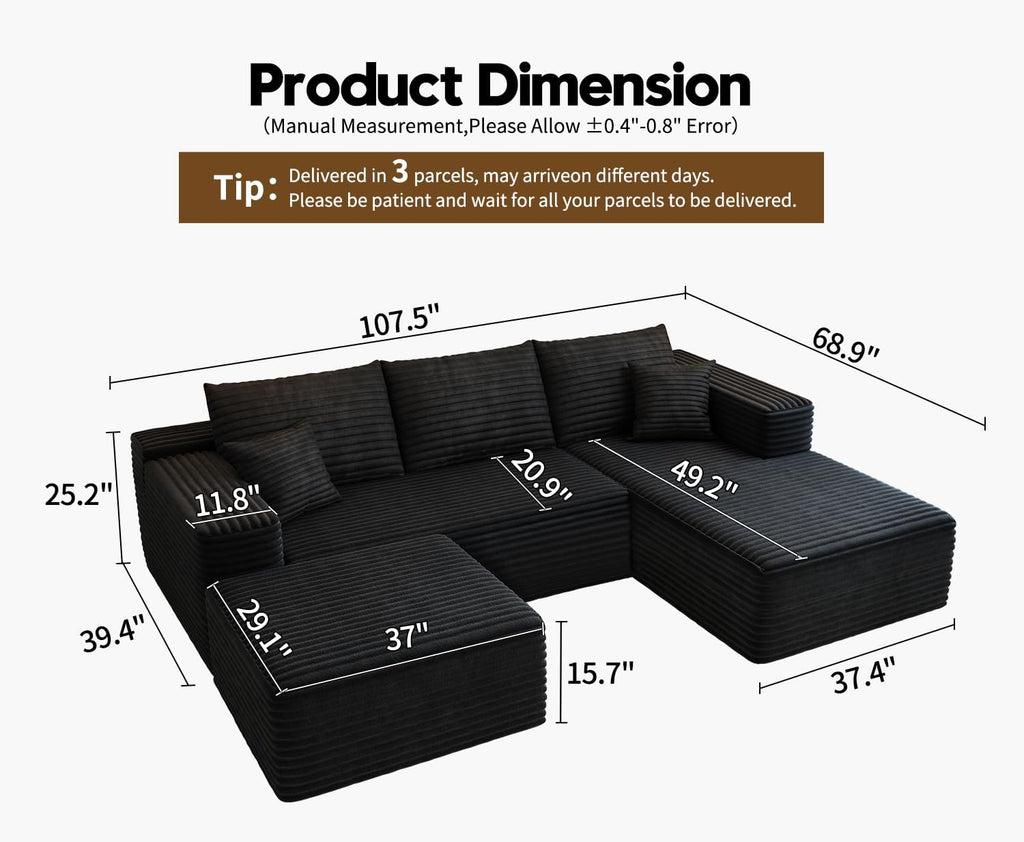 107.5" Cloud Modular Sectional Sofa with 1 Ottoman,Modern Minimalist Upholstered Couches, Comfort U Shaped Sofa ,Deep