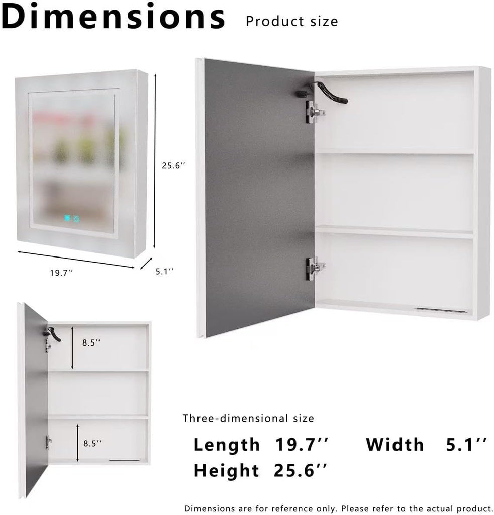 25.59" x 19.69" LED Bathroom Medicine Mirror Cabinet, Wall Mounted Single Door Aluminum Storage Cabinet with Anti-Fog